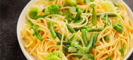 Garlic & Veggie Shirataki Spaghetti with Roasted Chickpeas